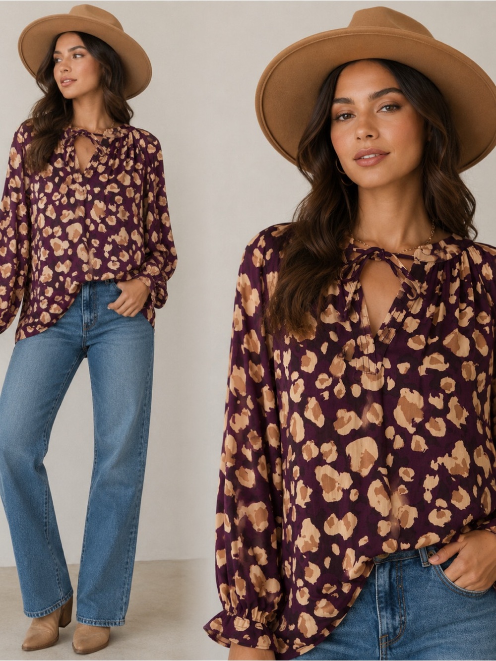 Nine West Plum and Tan Tie-Neck Printed Blouse